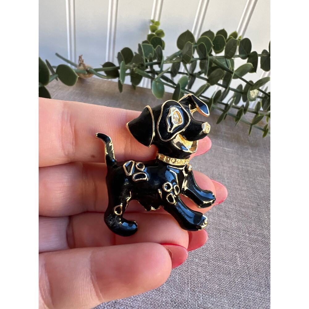 Vintage Black Enamel Puppy Dog Brooch | Gold Accents and Rhinestone Collar